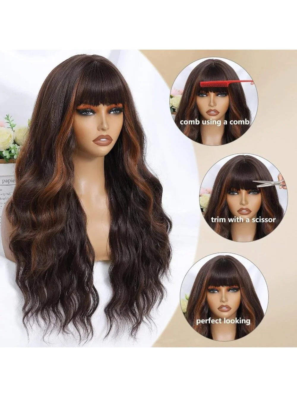 Women's Brown 26 Inch Natural Looking Heat Resistant Synthetic Wigs Bangs